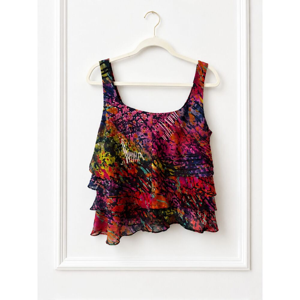 Vintage Alex Evenings Layered Ruffle Tank Top | Size XL | Colorful Print